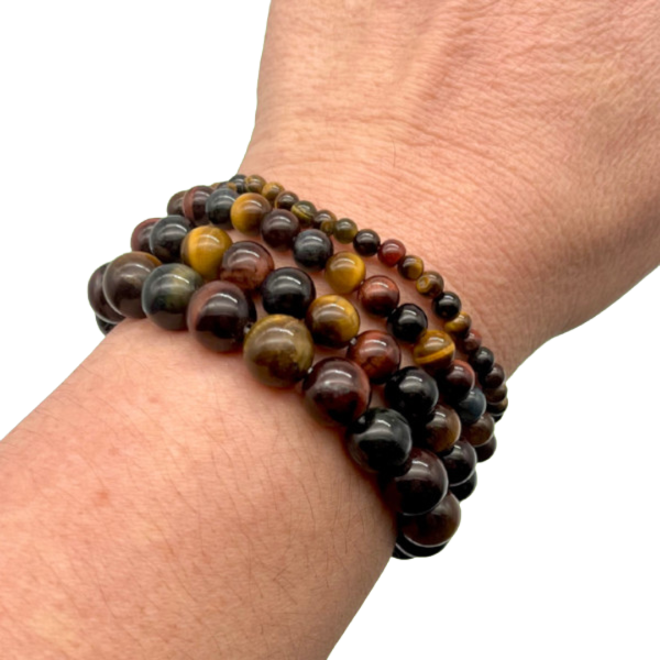 3 "Yeux" Oeil de Tigre, Taureau et Faucon Bracelet en Pierre Boule