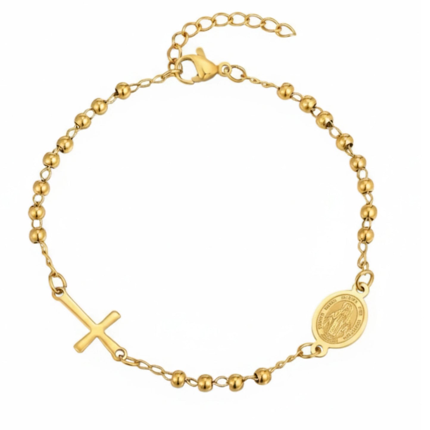 Bracelet Chapelet en Acier Inoxydable Doré - Médaille et Croix