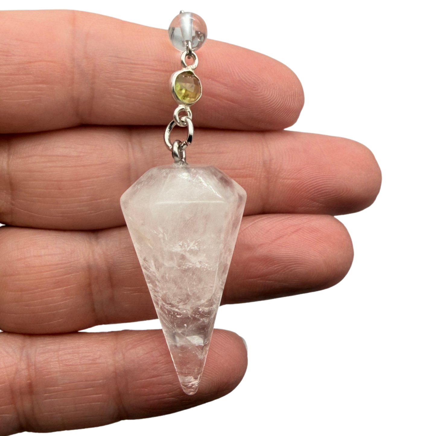 Pendule Cristal de Roche et Péridot – Cône Facetté - Pierre Naturelle - Pièce Unique