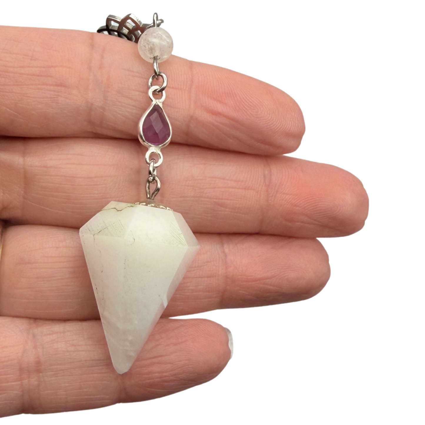 Pendule Labradorite blanche et Améthyste - Cône Facetté - Pierre Naturelle - Pièce Unique