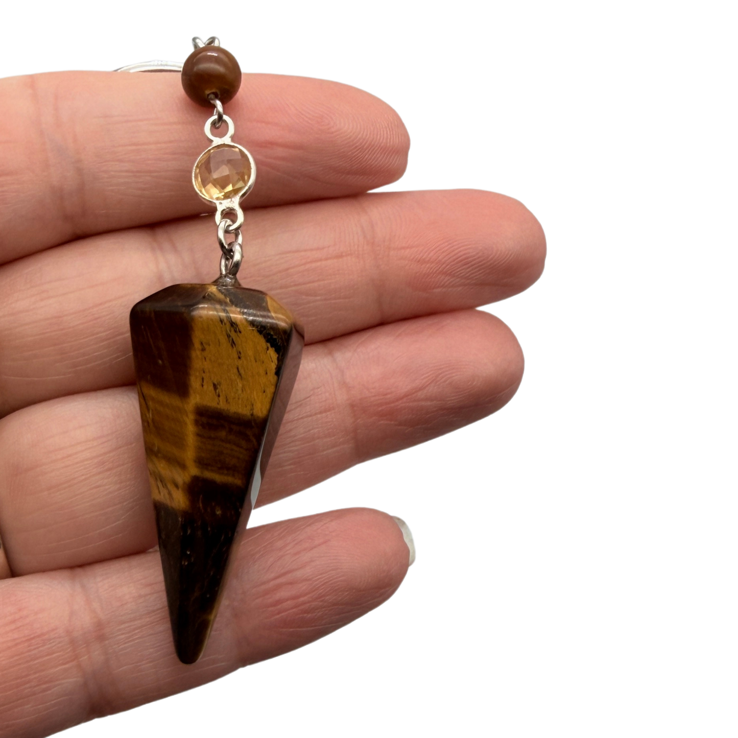 Pendule Oeil de Tigre et Citrine – Cône Facetté - Pierre Naturelle - Pièce Unique