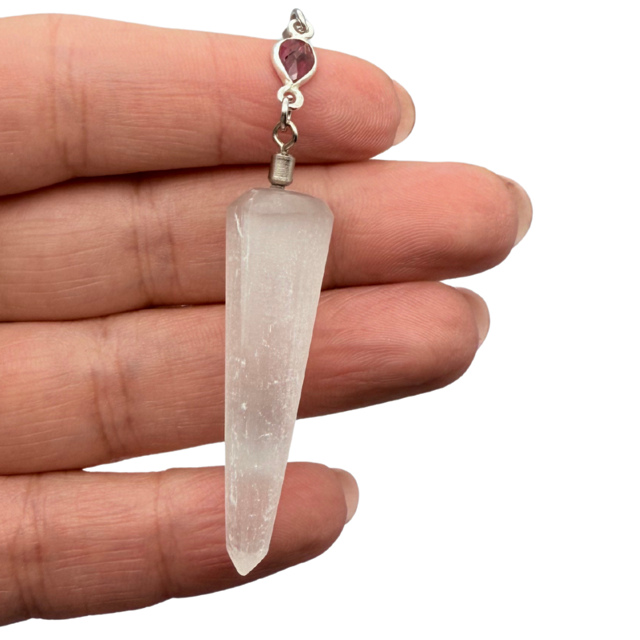 Pendule Sélénite et Tourmaline rose - Pièce unique