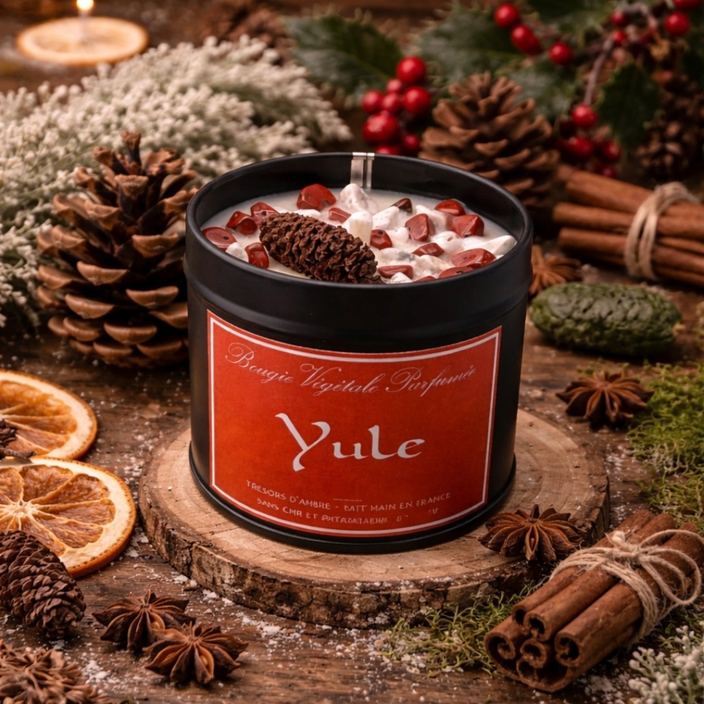 Bougie Sabbat Yule - Jaspe Rouge & Howlite - Précommande Édition Limitée