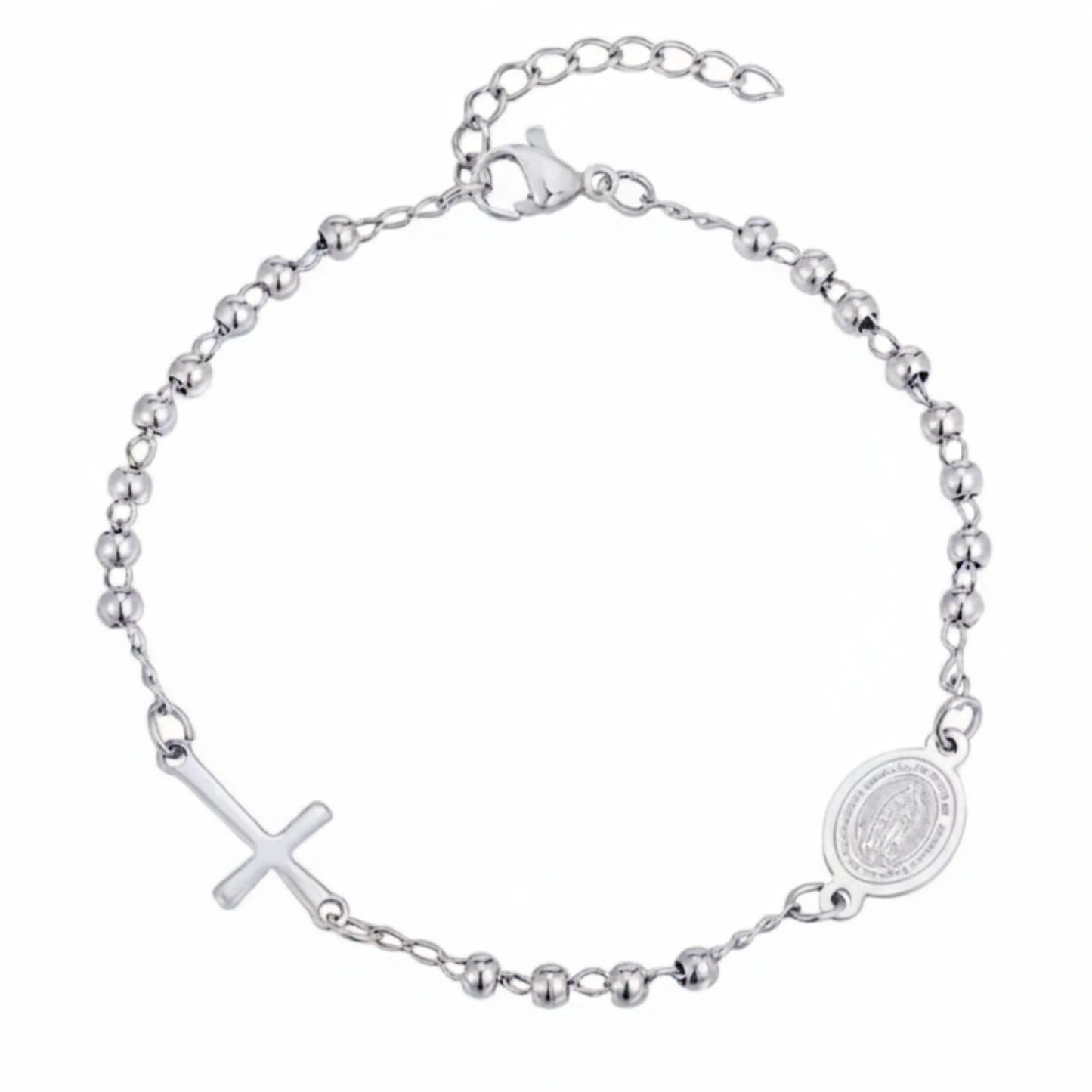 Bracelet Chapelet en Acier Inoxydable argenté - Médaille et Croix