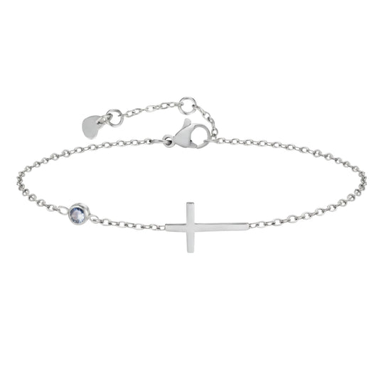 Bracelet Croix Horizontale et Zirconium - Acier Inoxydable Argenté