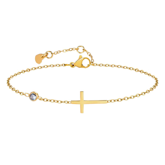 Bracelet Croix Horizontale et Zirconium - Acier Inoxydable doré