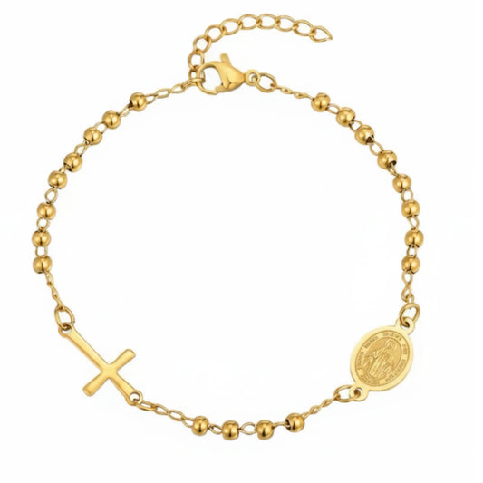 Bracelet Chapelet en Acier Inoxydable Doré - Médaille et Croix