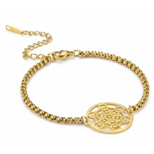 Bracelet Cube de Métatron en Acier Inoxydable doré - Protection et Géométrie Sacrée