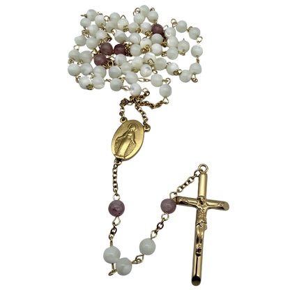 Chapelet artisanal en Nacre et Quartz Fraise – Acier inoxydable