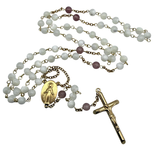 Chapelet artisanal en Nacre et Quartz Fraise – Acier inoxydable