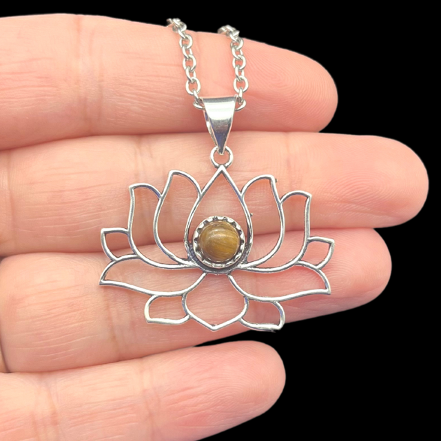 Fleur de Lotus et Œil de tigre Pendentif en Acier Inoxydable