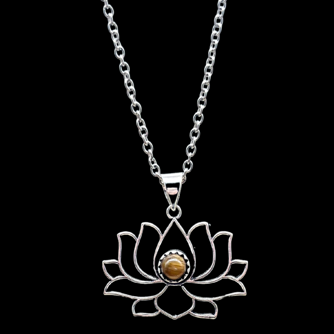 Fleur de Lotus et Œil de tigre Pendentif en Acier Inoxydable