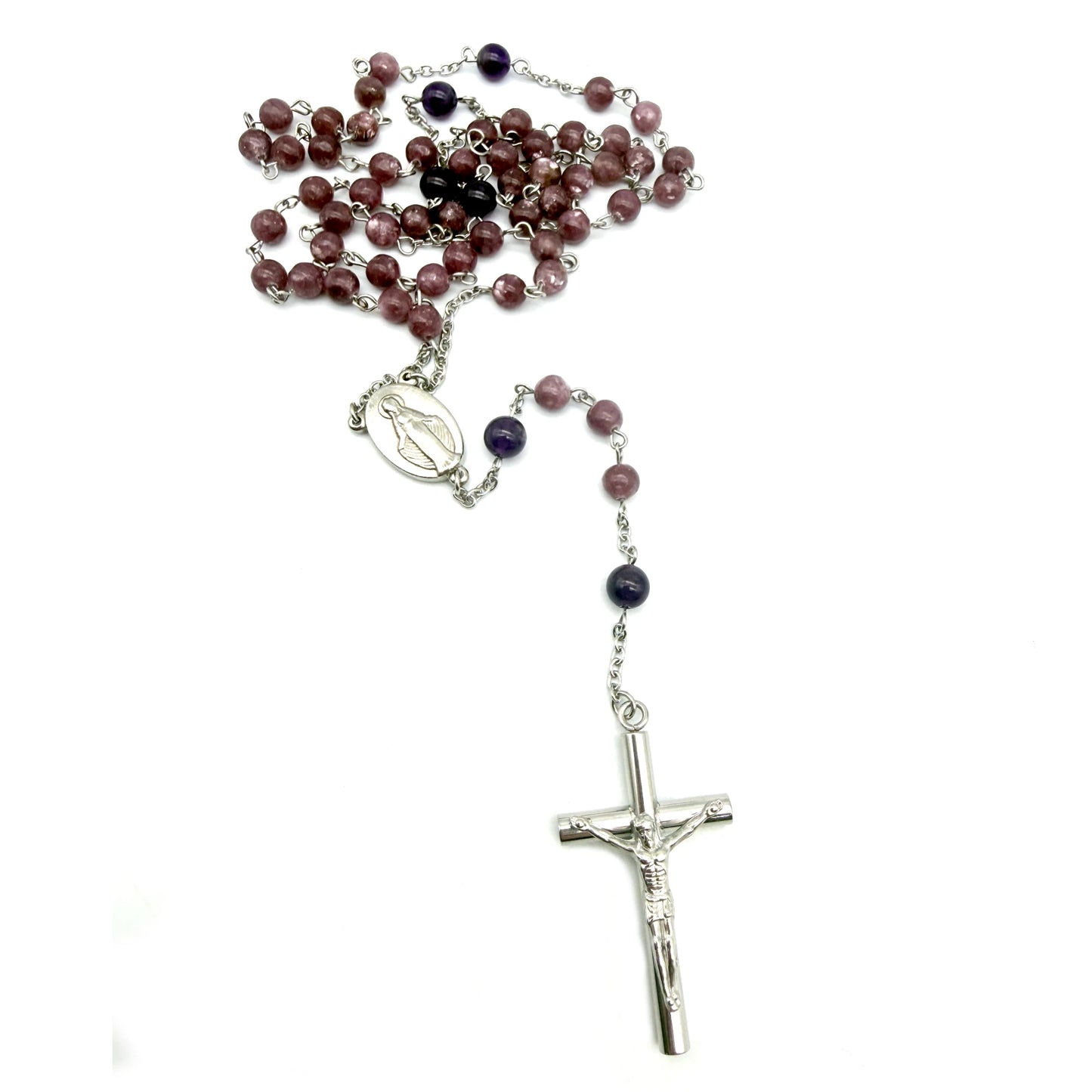 Chapelet artisanal en Lépidolite et Améthyste – Acier inoxydable