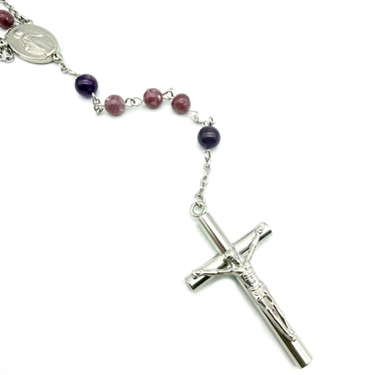 Chapelet artisanal en Lépidolite et Améthyste – Acier inoxydable
