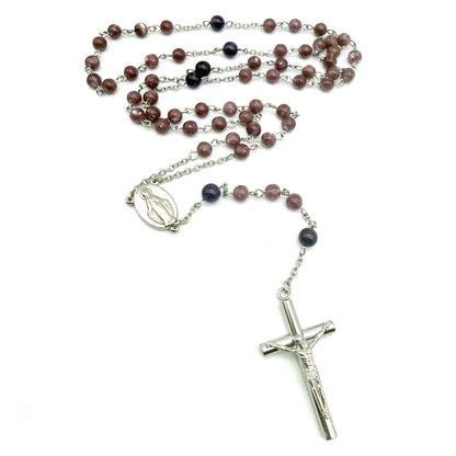Chapelet artisanal en Lépidolite et Améthyste – Acier inoxydable