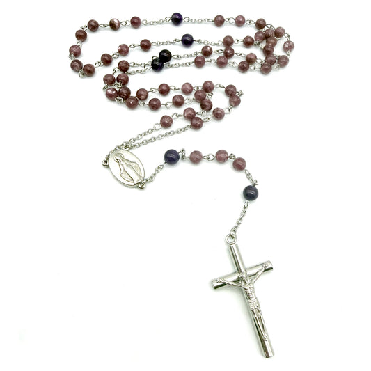 Chapelet artisanal en Lépidolite et Améthyste – Acier inoxydable