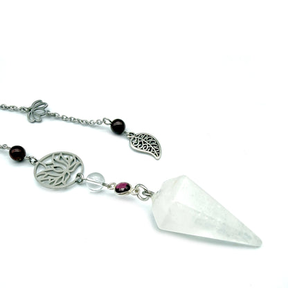 Pendule Cristal de Roche et Grenat – Cône Facetté - Pierre Naturelle - Pièce Unique