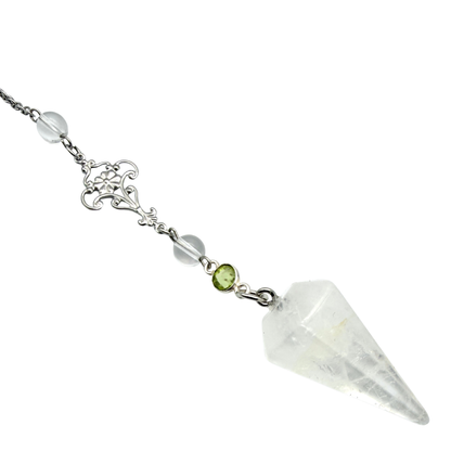 Pendule Cristal de Roche et Péridot – Cône Facetté - Pierre Naturelle - Pièce Unique
