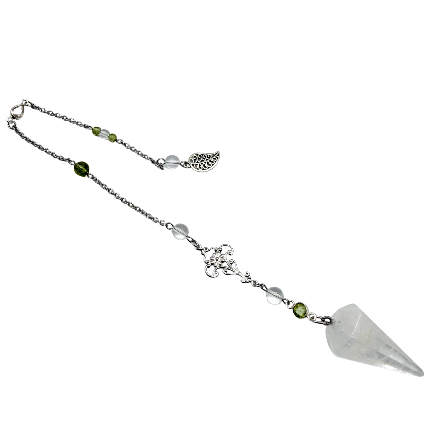 Pendule Cristal de Roche et Péridot – Cône Facetté - Pierre Naturelle - Pièce Unique