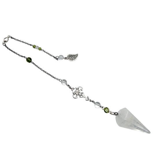Pendule Cristal de Roche et Péridot – Cône Facetté - Pierre Naturelle - Pièce Unique