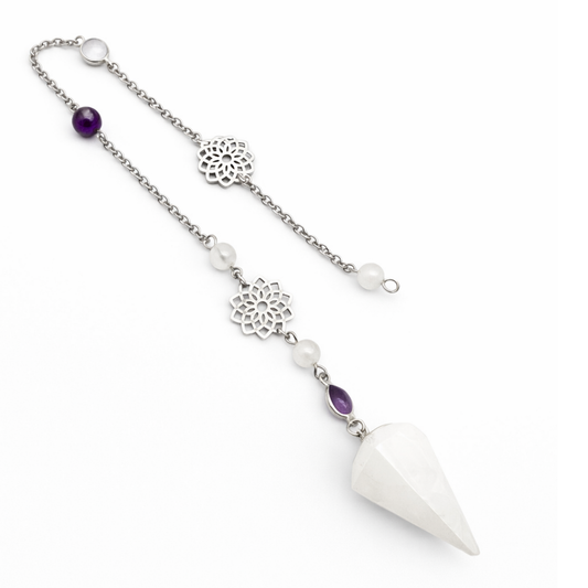 Pendule Labradorite blanche et Améthyste - Cône Facetté - Pierre Naturelle - Pièce Unique