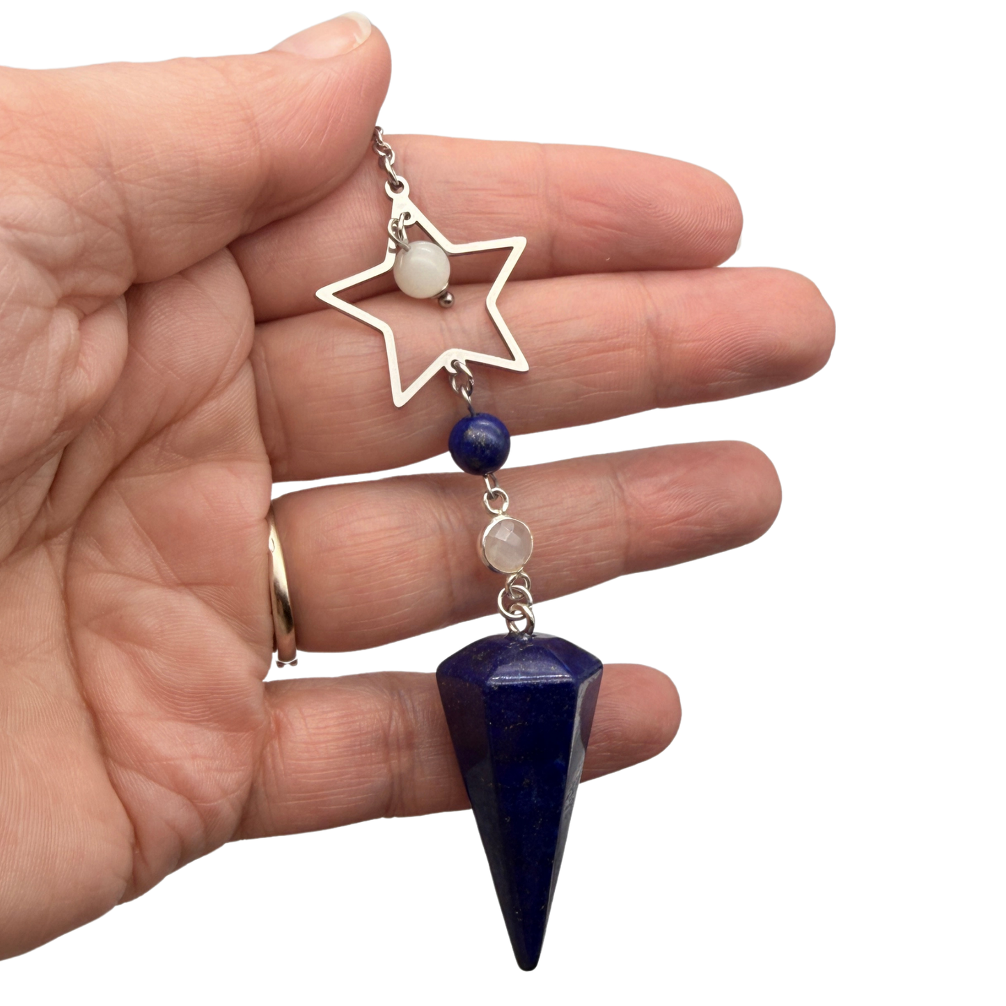 Pendule Lapis Lazuli et Pierre de lune – Cône Facetté - Pierre Naturelle - Pièce Unique