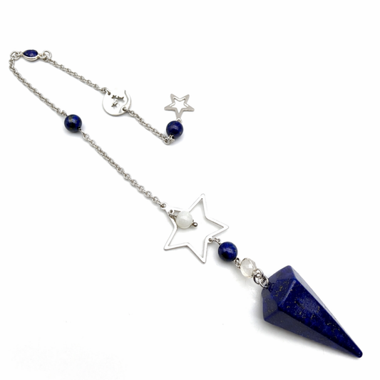 Pendule Lapis Lazuli et Pierre de lune – Cône Facetté - Pierre Naturelle - Pièce Unique