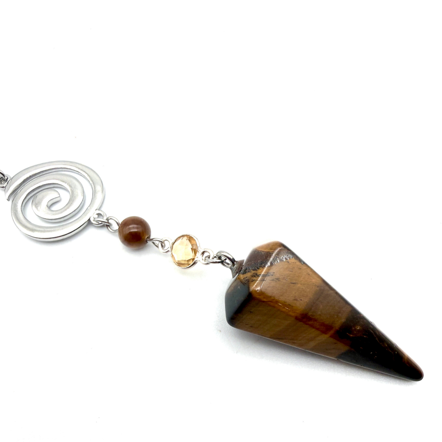 Pendule Oeil de Tigre et Citrine – Cône Facetté - Pierre Naturelle - Pièce Unique