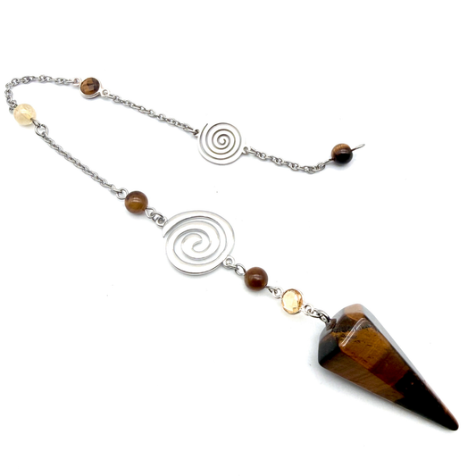Pendule Oeil de Tigre et Citrine – Cône Facetté - Pierre Naturelle - Pièce Unique